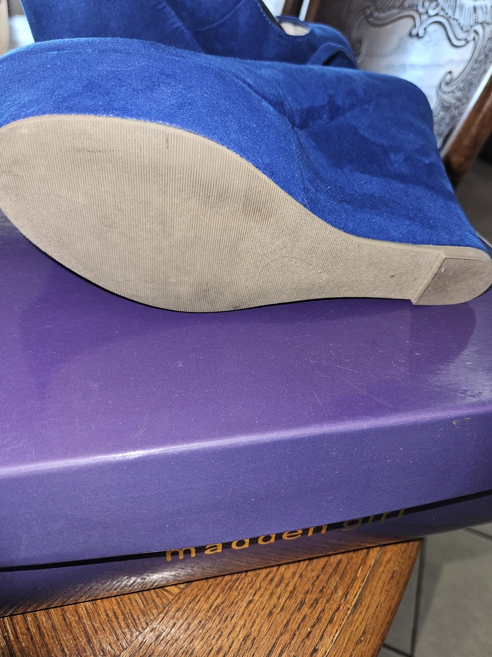 Madden Girl Royal Blue Suede Wedge Heels with Ankle Strap - Picture 10 of 10